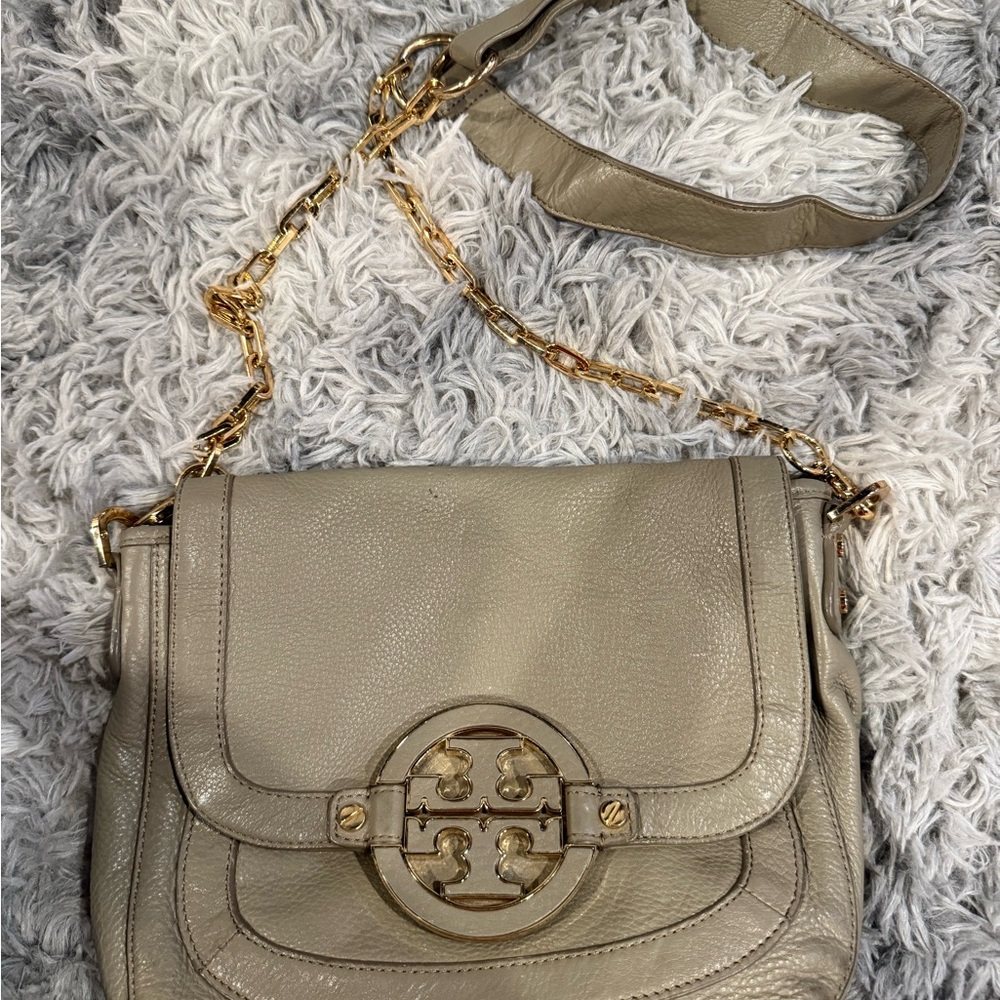 Tory Burch Taupe Leather Shoulder Bag with Gold Chain